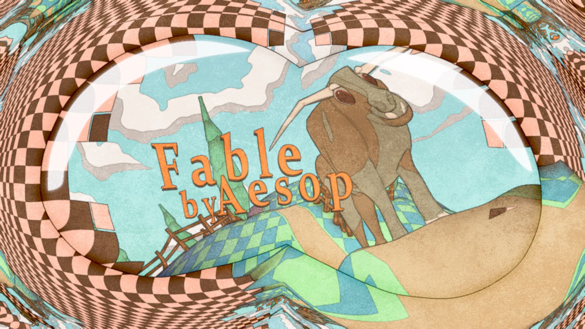 A cartoon bull surrounded by white and brown checkerboards, with orange text saying Fable by Aesop