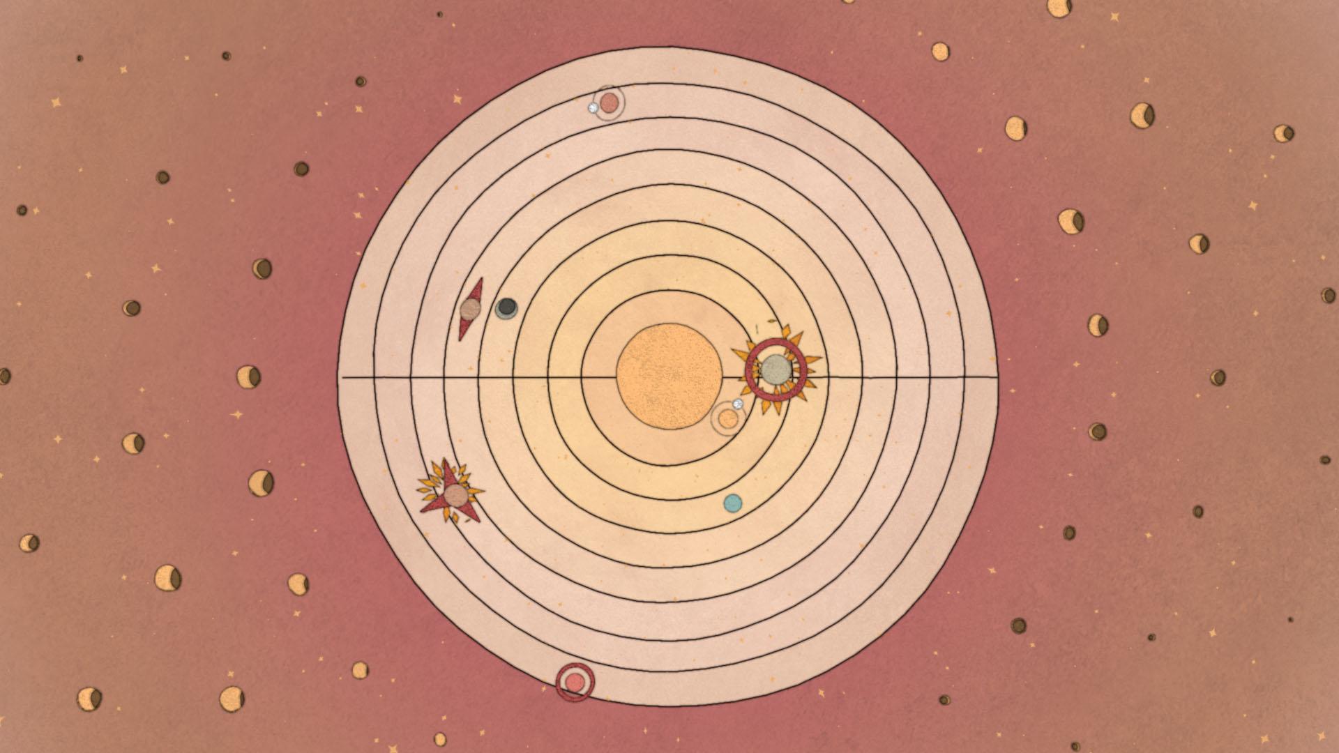 A medieval-style illustration of eight planets in orbit around a sun, surrounded by a red sky dotted with many small moons