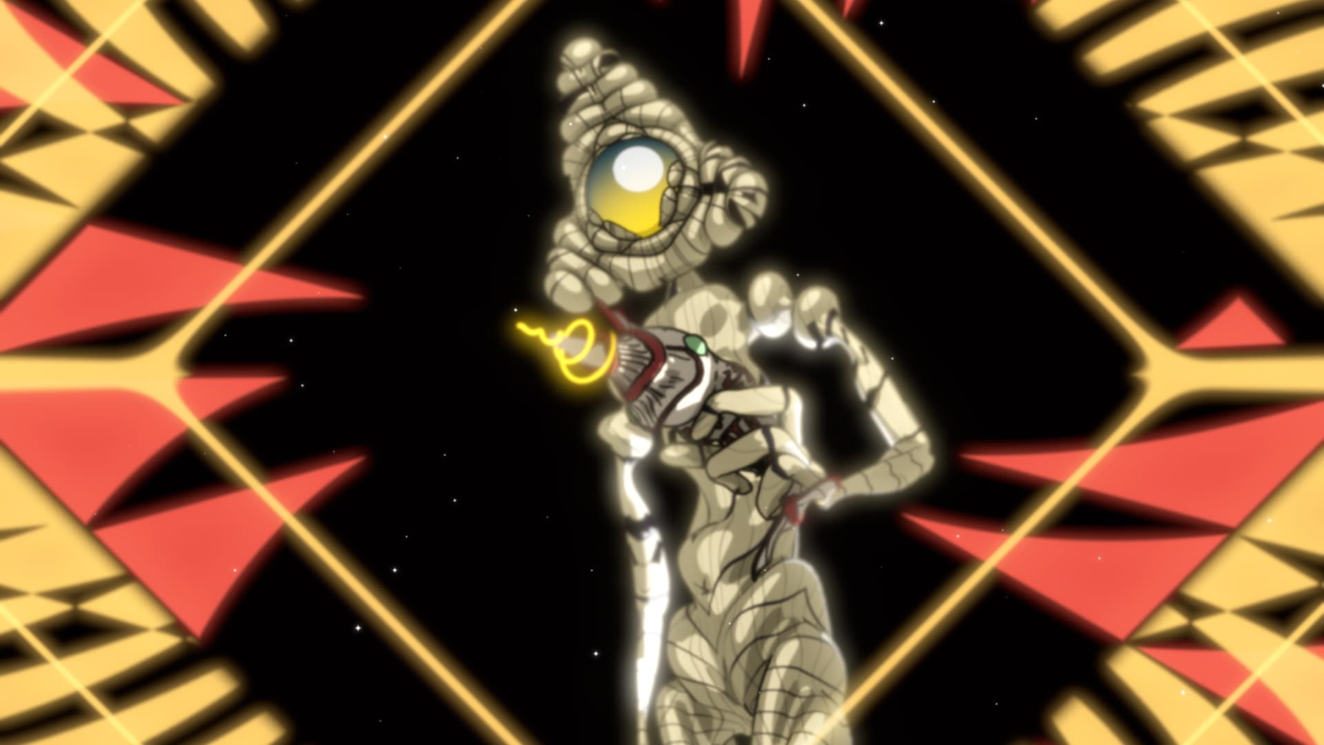 A triangle-headed extraterrestrial with a single orb-like eye, carrying a fish-like ray gun with a spiral beam