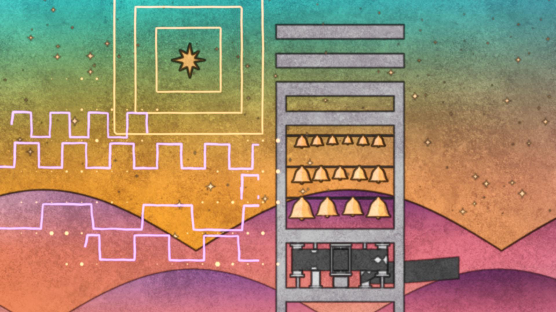 A rainbow-colored 2D video game style landscape with a bell tower and geometric patterns in the sky