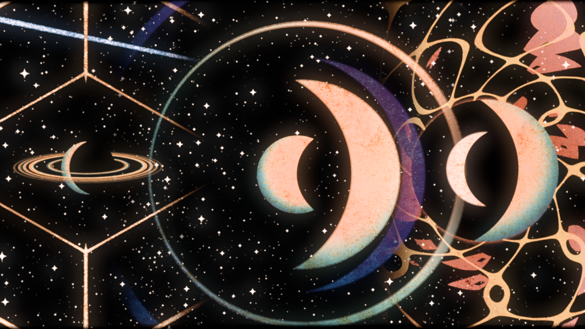 Cartoon-style moons and stars from the video for Soft Death